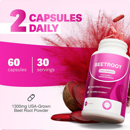 Nuvitap Organic Beet Root Capsules – 1300 mg Premium beet root powder to support healthy circulation, energy, and overall vitality. Non-GMO formula with 90 easy-to-swallow capsules for a full 30-day+ supply