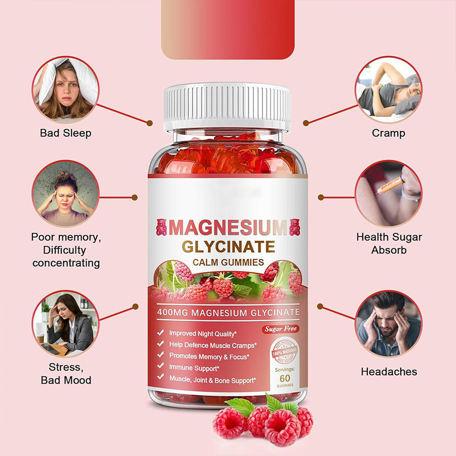 Magnesium Glycinate Gummies 400mg, High Absorption Magnesium Supplement for Women, Men and Kids, Muscle Support and Relaxation, Sugar Free, Vegan, 60 Days Supply, Raspberry Flavor