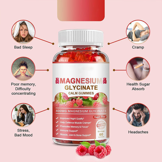 Magnesium Glycinate Gummies 400mg, High Absorption Magnesium Supplement for Women, Men and Kids, Muscle Support and Relaxation, Sugar Free, Vegan, 60 Days Supply, Raspberry Flavor