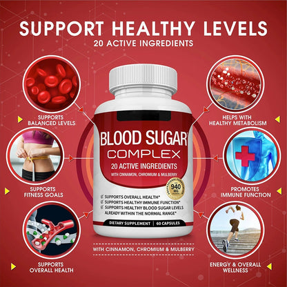 Blood Sugar Complex Supplement - Supports Healthy Blood Sugar Levels Already Within Normal Range All Natural with Cinnamon, Bitter Melon, Chromium, Mulberry, Alpha Lipoic Acid, Non-GMO, 60 Capsules