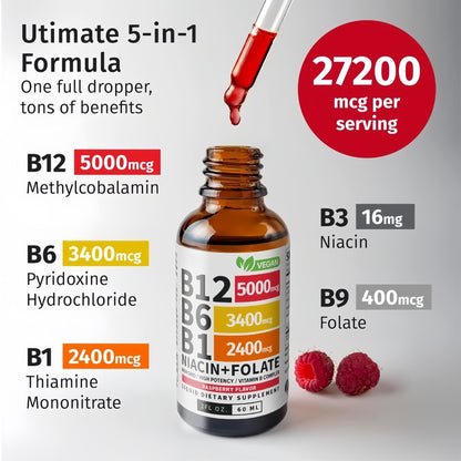 Nuvitap (2 Pack) Vitamin B12 and B6 Liquid Drops, B12 Sublingual Vitamin B Complex - B 12 Vitamin 5000mcg - B12 Methylcobalamin for Energy, Brain, and Heart Support with 27,200 mcg, Raspberry, 80 Servings