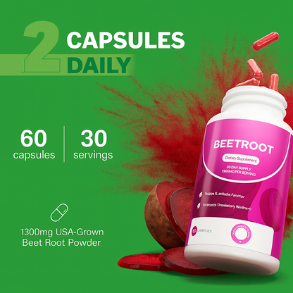 Nuvitap Organic Beet Root Capsules – 1300 mg Premium beet root powder to support healthy circulation, energy, and overall vitality. Non-GMO formula with 90 easy-to-swallow capsules for a full 30-day+ supply