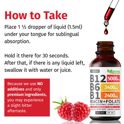 Nuvitap (2 Pack) Vitamin B12 and B6 Liquid Drops, B12 Sublingual Vitamin B Complex - B 12 Vitamin 5000mcg - B12 Methylcobalamin for Energy, Brain, and Heart Support with 27,200 mcg, Raspberry, 80 Servings