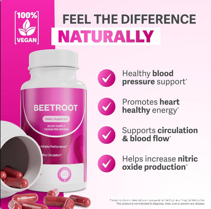 Nuvitap Organic Beet Root Capsules – 1300 mg Premium beet root powder to support healthy circulation, energy, and overall vitality. Non-GMO formula with 90 easy-to-swallow capsules for a full 30-day+ supply