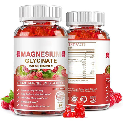 Magnesium Glycinate Gummies 400mg, High Absorption Magnesium Supplement for Women, Men and Kids, Muscle Support and Relaxation, Sugar Free, Vegan, 60 Days Supply, Raspberry Flavor
