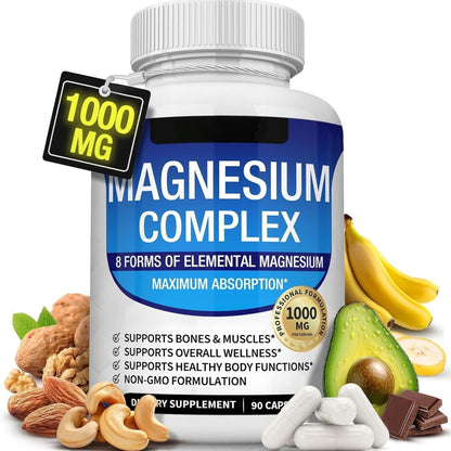 Magnesium Complex Supplement 8 Elemental 1000mg - Magnesium Glycinate, Citrate, Malate, Taurate, Chelated for Easy Absorption for Bones, Muscle, Recovery, Energy, Vegan Non-GMO 90 Capsules