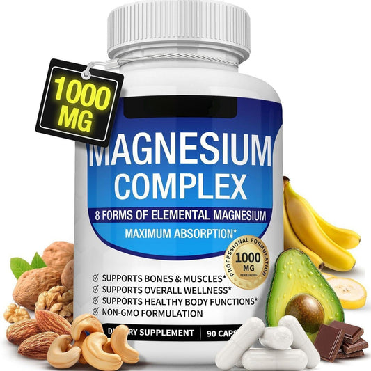 Magnesium Complex Supplement 8 Elemental 1000mg - Magnesium Glycinate, Citrate, Malate, Taurate, Chelated for Easy Absorption for Bones, Muscle, Recovery, Energy, Vegan Non-GMO 90 Capsules