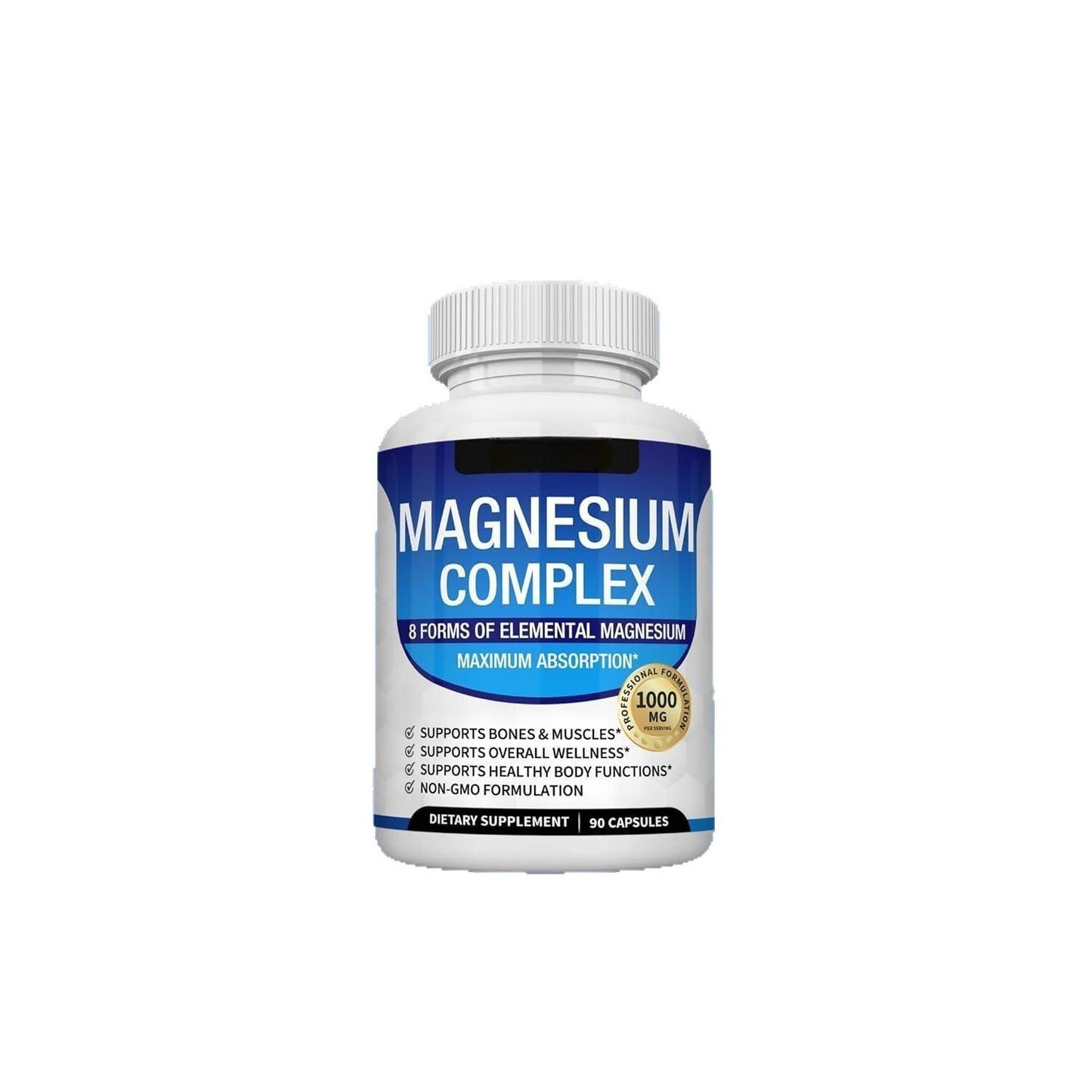 Magnesium Complex Supplement 8 Elemental 1000mg - Magnesium Glycinate, Citrate, Malate, Taurate, Chelated for Easy Absorption for Bones, Muscle, Recovery, Energy, Vegan Non-GMO 90 Capsules