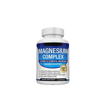 Magnesium Complex Supplement 8 Elemental 1000mg - Magnesium Glycinate, Citrate, Malate, Taurate, Chelated for Easy Absorption for Bones, Muscle, Recovery, Energy, Vegan Non-GMO 90 Capsules